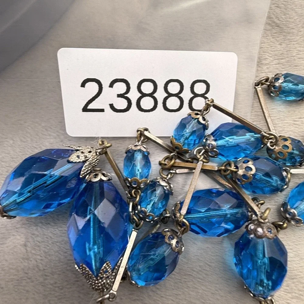 Vintage Statement Necklace Silver‎ Tone Blue Rhinestone 22